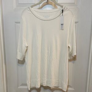 NWT, Chico's Pima Caviar Elbow Tee Alabaster White Silver Neck Detail, L